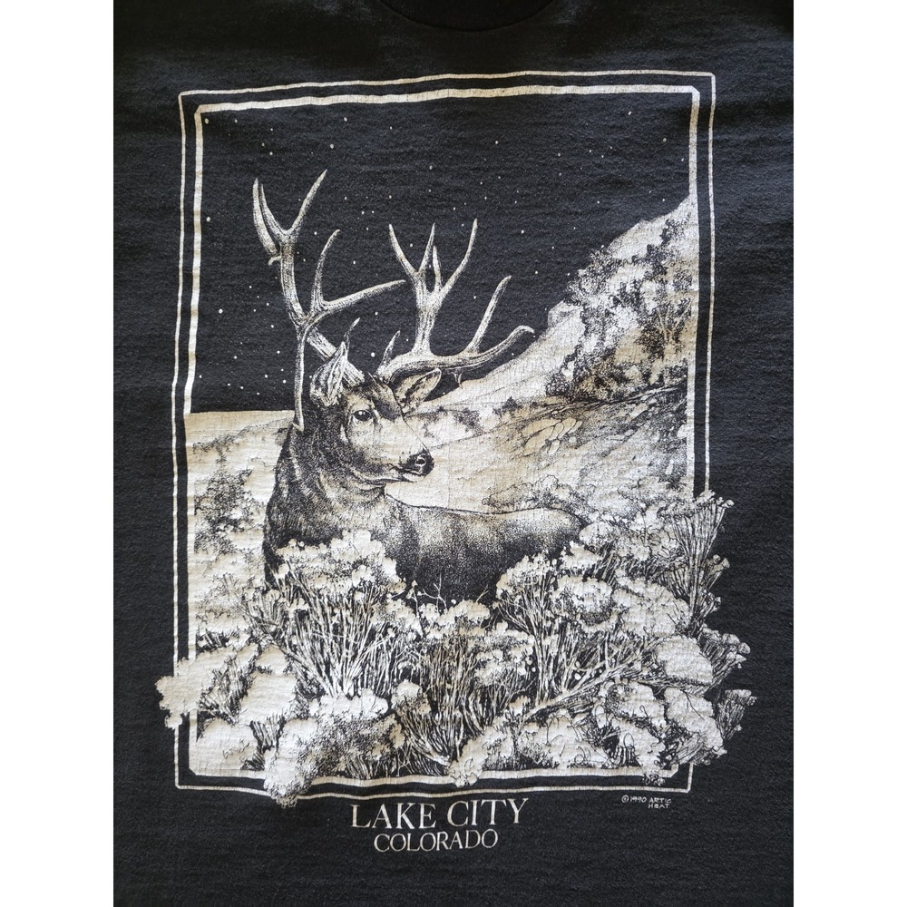 90s Vintage Single Stitch Fruit of the Loom Lake City CO Deer Graphic Tee L - Picture 2 of 6